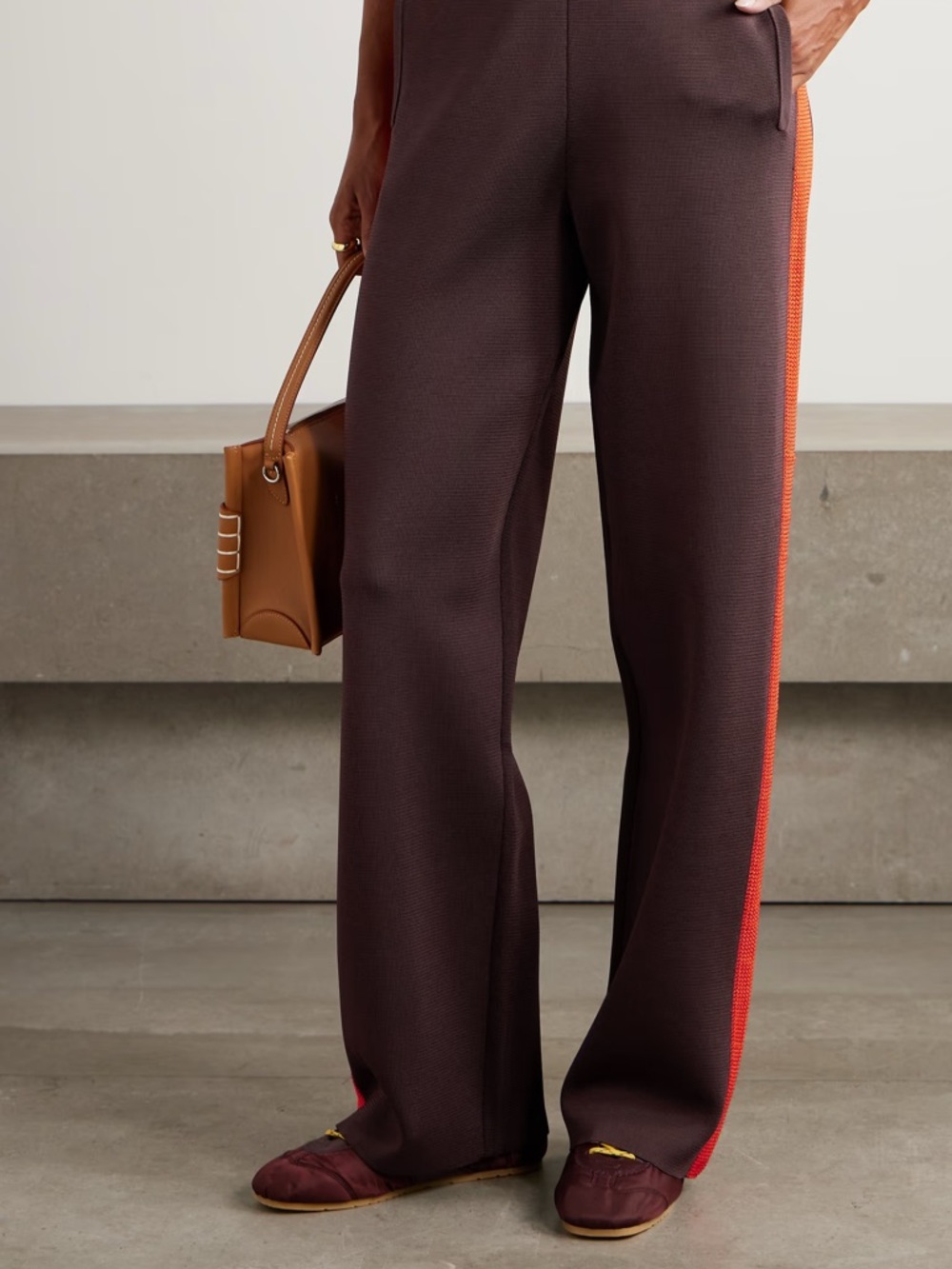 Zara Wide-Leg Knit Pants in Chocolate with Orange Side Stripe